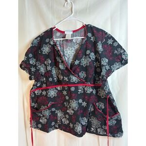 SB Scrubs Women's 2X Floral Print Scrub Top V Neck Wrap Style Red Trim